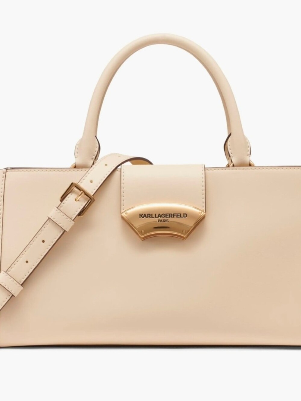 Karl Lagerfeld Cream Leather Top-Handle Satchel with Gold Hardware
